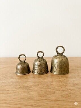 Vtg Authentic SARNA Signed Etched Brass Bells - Set of 3 Graduated Boho Decor